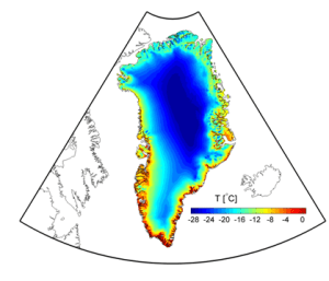 Mean annual 2m  temperature over Greenland (1989 - 2012) from HIRHAM5 forced by ERA-Interim on the boundaries 