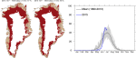 Graphs showing area of the Greenland ice sheet experiencing melt conditions, compared with the average (dark grey line) and range of past summers (1990-2012), for more detail see the DMI website