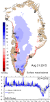 Daily and accumulated surface mass budget of the Greenland ice sheet, 31st August, 2015, last day of the hydrological year