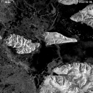Animated gig showing a timelapse of satellite images from Sentinel 1 (a Synthetic aperture radar sensor) . The images are from the edge of the North Water polynya in NW Greenland and shows snow covered islands and sea ice forming and then breaking up and the edge retreating back into the fjord